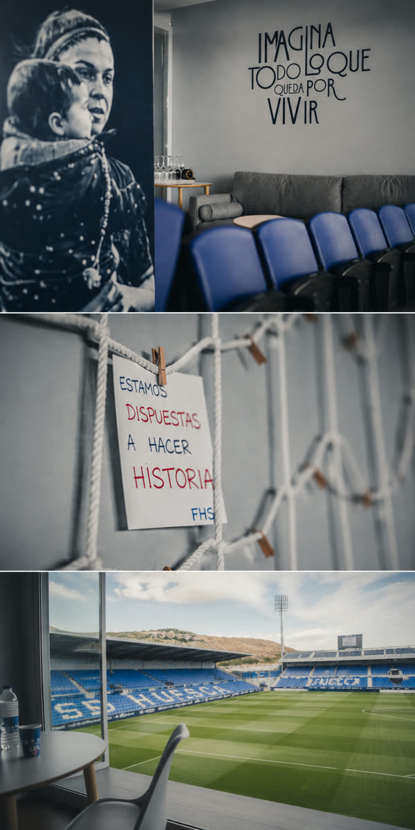 Vertical collage from a women's football hospitality project: a player mural with the slogan 'Imagina todo lo que queda por vivir', a handwritten note reading 'Estamos dispuestas a hacer historia FHS' on the goal net, and a view of SD Huesca's pitch from the VIP box